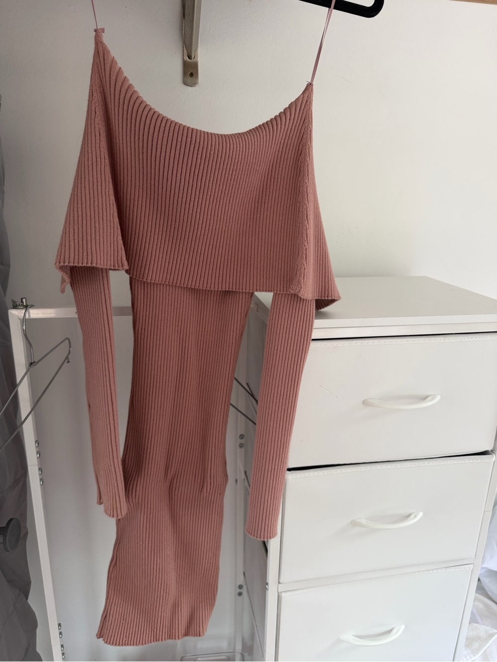 Zara One-Shoulder Ribbed Dress in Dusty Pink